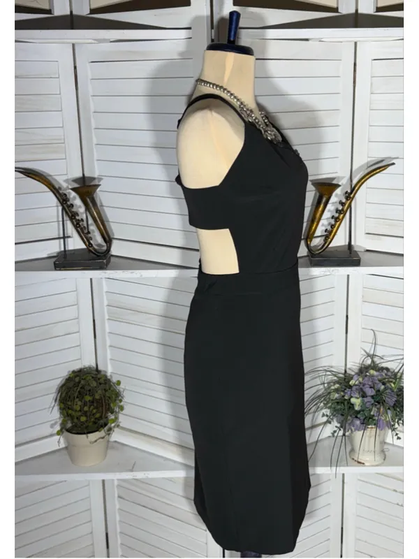 Black cocktail midi dress open back deep V pencil wedding guest sexy homecoming - Image 4