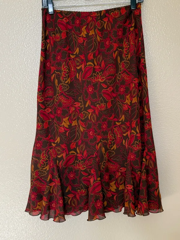 Vintage Sara B Studio Brown Floral Chiffon Midi Skirt Y2K Boho Ruffle Fairy Core - Image 2