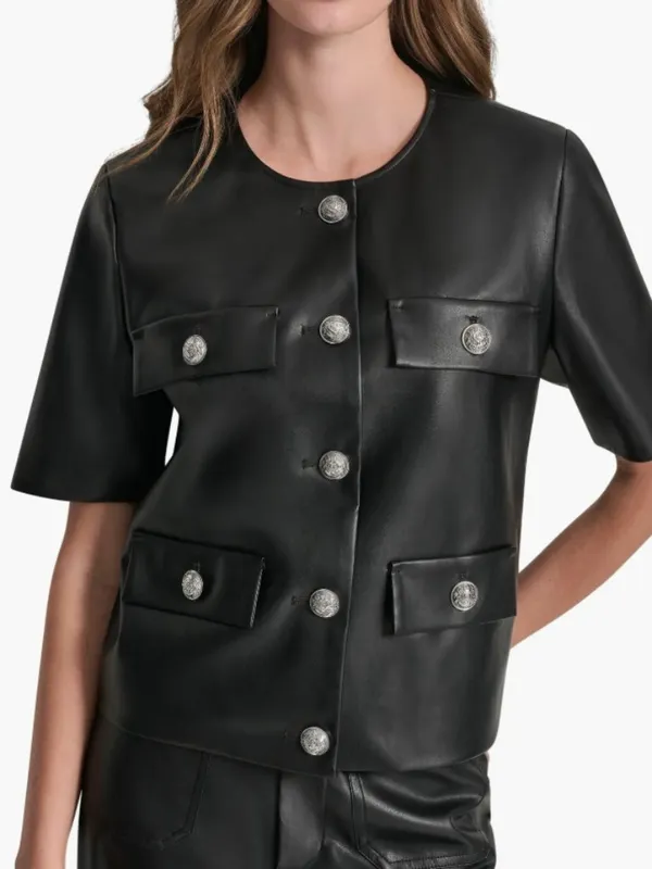 NWT DKNY Jeans Short Sleeve Faux Leather Jacket Small, BLACK/ SHINY SILVER - Image 2