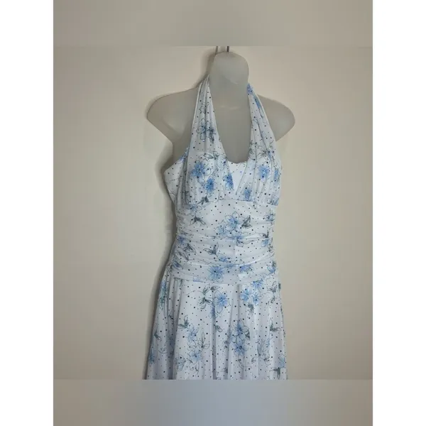 Taboo Y2K 90s White halter v neck Floral Halter Dress Light Blue size large - Image 2
