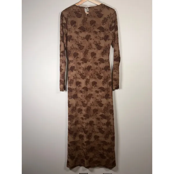 12th Tribe Casanova Brown Floral Mesh Maxi Dress Long Sleeve Brown Large Witchy - Image 5