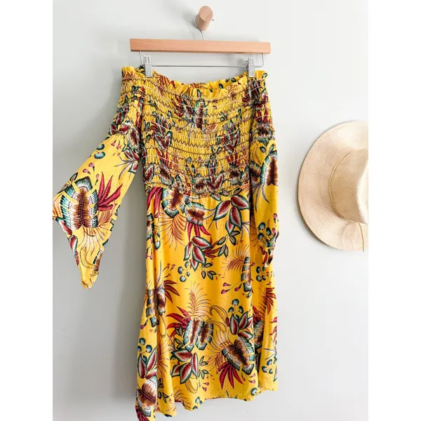 FARM Rio x Anthropologie | Bria Off Shoulder Smocked Dress Tropical Yellow | M - Image 9