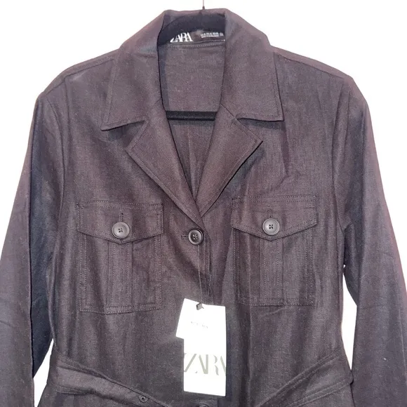 NWT ZARA Dress M women linen blend black button down - Image 7