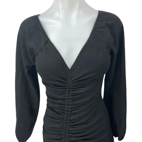 Princess Polly Black Ruched Long Sleeve Deep V Neck Mini Bodycon Dress Size XS/S - Image 3