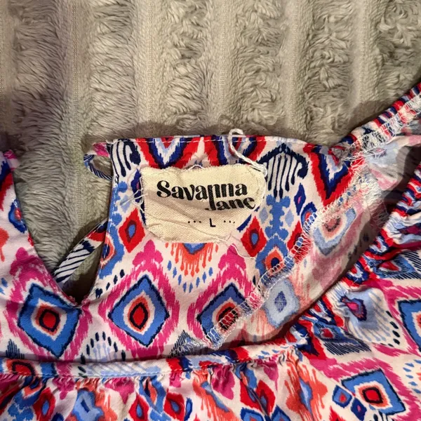 Savanna Jane Womens Pink Blue Ikat Diamond Print Puff Sleeve Crop Top Large - Image 3