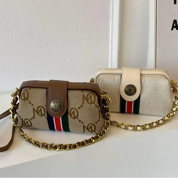 Monogram Chain Shoulder Bag Cream Gold Stripe Crossbody Clutch NIP - Image 13
