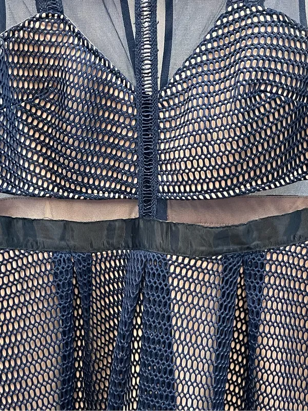 L'ATISTE L Navy Blue Wedding Guest Sheer Mesh Illusion Midi Dress Self Portrait - Image 7