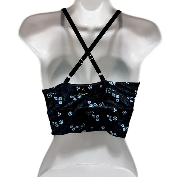 Beyond Yoga Lux Criss-Cross Cropped Yoga Tank Sz M Black Blue Floral Printed - Image 4