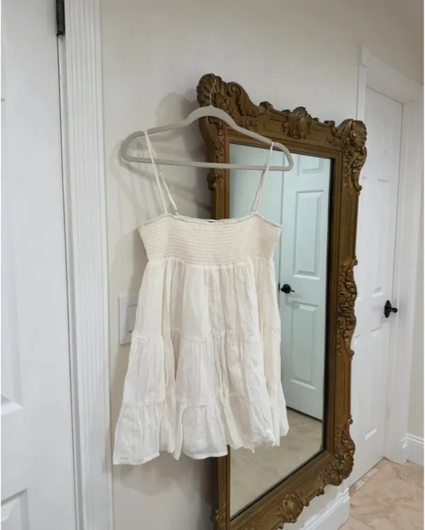ZARA White Babydoll Mini Dress Smocked Tiered Ruffle Sundress Coquette Summer Dress Small - Image 2