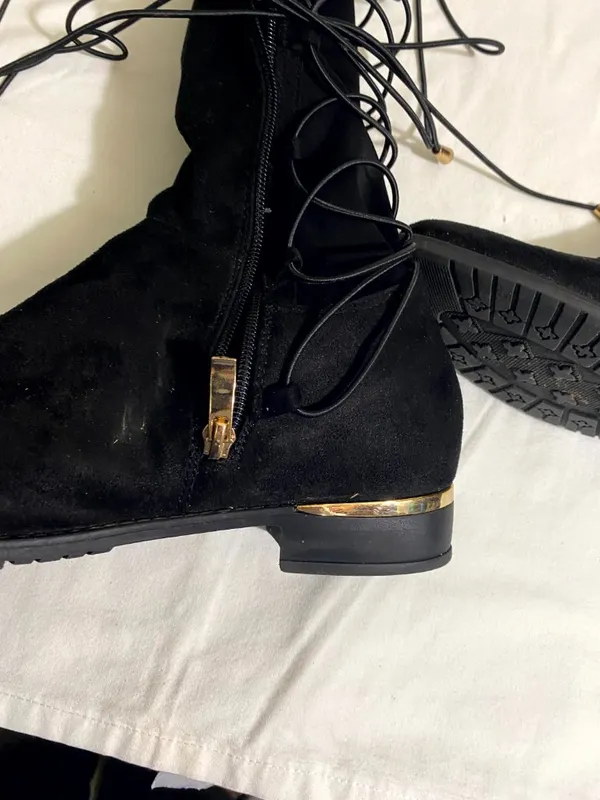 Women’s Black Over The Knee Lace Up Boots Size 9 Faux Suede Gold Accent Low Heel - Image 5