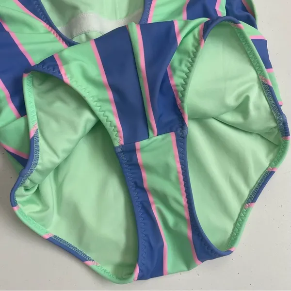 Fabletics Swimsuit Leotard Striped Tie Front Back Scoop Back Green Blue Pink - Image 6