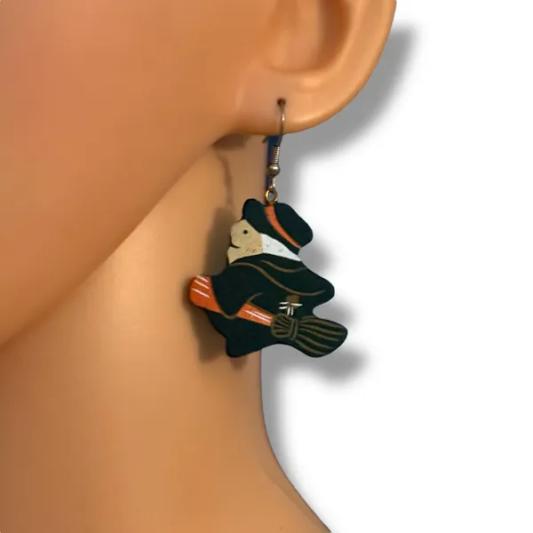 Wooden Halloween witch on a broom dangle earrings - Image 2