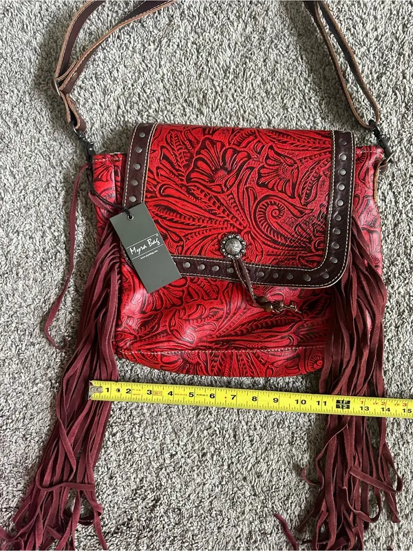 Myra Bag Red Embossed Floral Fringe Studded Shoulder Bag Zip-Around Pockets - Image 5