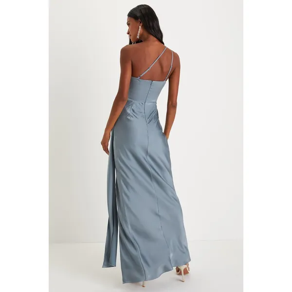 NWT Lulus Signature Elegance Slate Blue Satin One-Shoulder Maxi Dress Banquet XS - Image 3