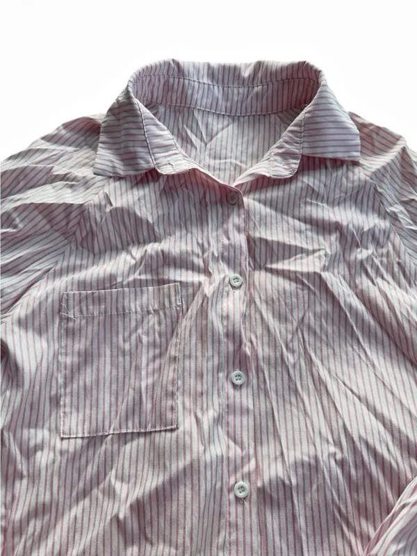 Pink White Striped Button Up Shirt Size M Smocked Cuff Long Sleeve Pocket Top - Image 5