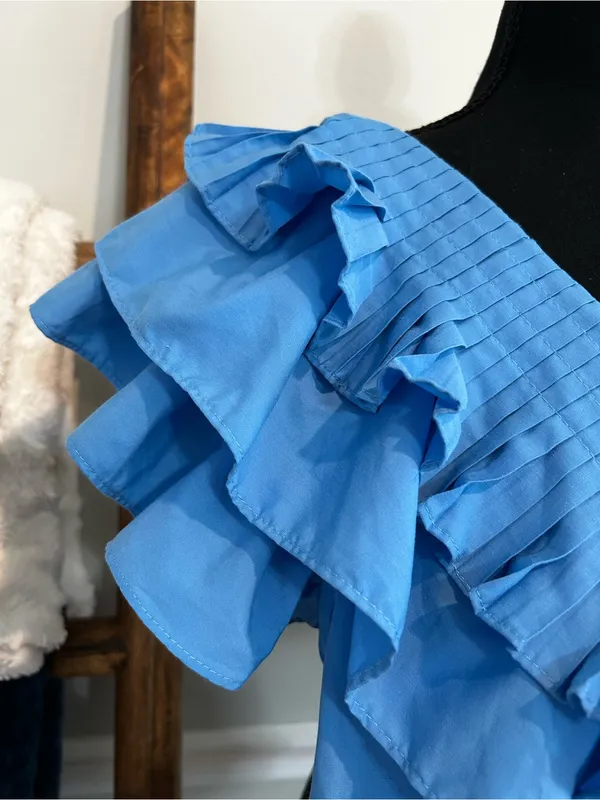 entro Sky Blue Pleated Ruffle V-Neck Blouse - Image 2