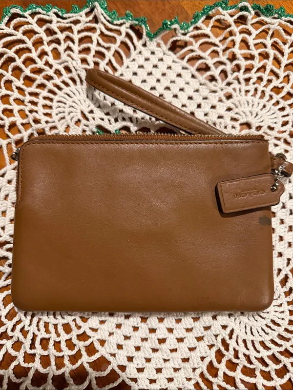 COACH Brown Leather Wristlet Clutch with Logo - Image 3