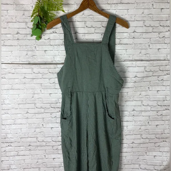 RVCA Sage Green Gingham Print Cotton Rayon Overalls - Image 2