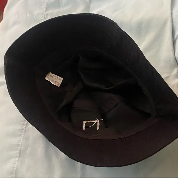 Black Womens Bucket Hat Smiley Face Square Emblem 100% Cotton - Image 4