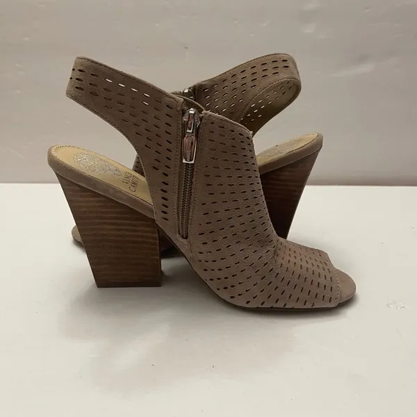 Vince Camuto Kellija Taupe Suede Perforated Peep Toe Block Heel Booties Size 7.5 - Image 8