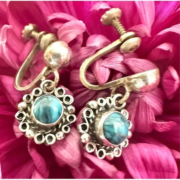 Joy Mexico sterling silver vintage turquoise screw back earrings - Image 2