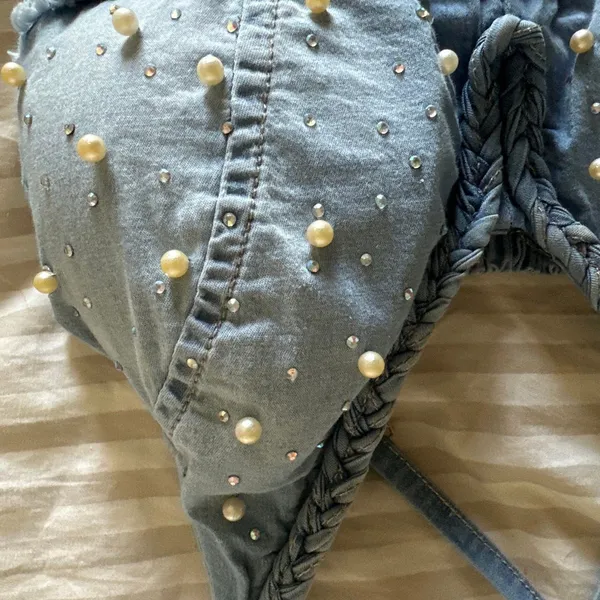 Blue denim Top with Rhinestones and Pearls - Image 2