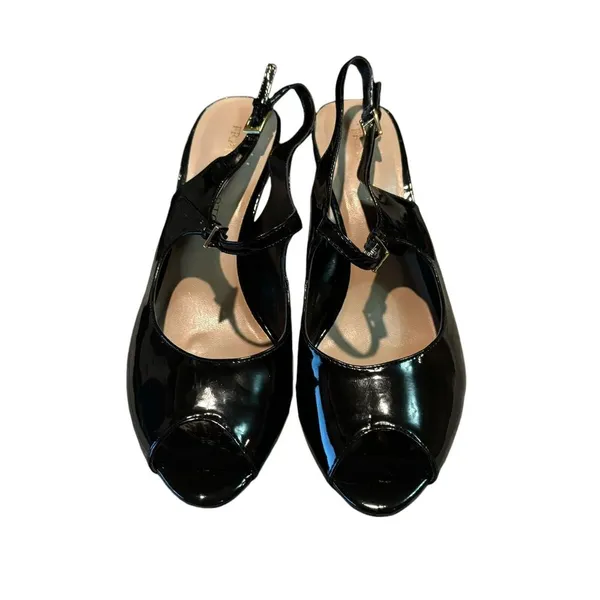 Franco Sarto Womens 9.5M Black Peep Toe Stiletto High Heels Faux Leather Shoes‎ - Image 3