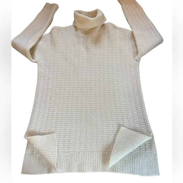 Theory Wool Oversized Turtleneck Tunic Sweater Womens Small Ivory Chunky Knit - Image 6