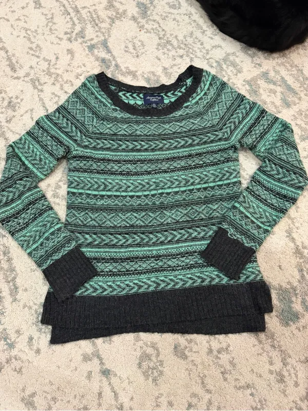 American Eagle Y2K Teal Black Patterned Wool Mohair Sweater M - Image 2