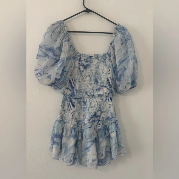 Saylor Violette Mini Dress Ultramarine Puff Sleeves Smocked Tiered Ruffle Small - Image 2