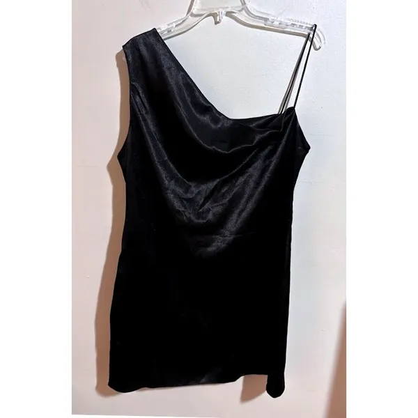 TOPSHOP Black One Shoulder Satin Slip Mini‎ Dress Size US 10 NWT - Image 3