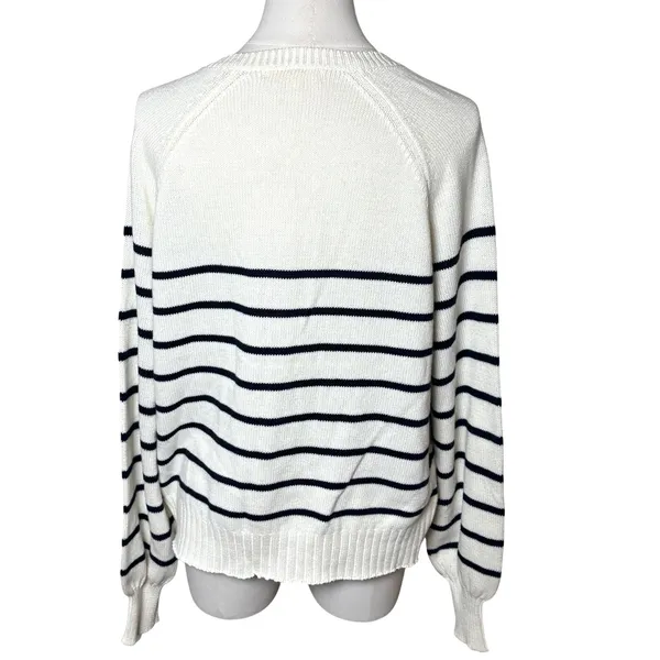 Peyton Primrose Lightweight Nautical Striped Cotton Henley Sweater Ivory Navy M - Image 3