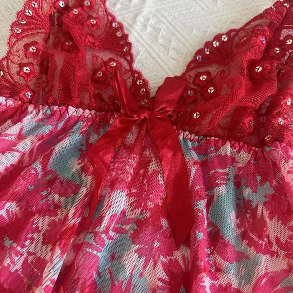 Women’s Pink & Red Mesh Lace & Sequins Babydoll Lingerie Top Sz S Small - Image 4