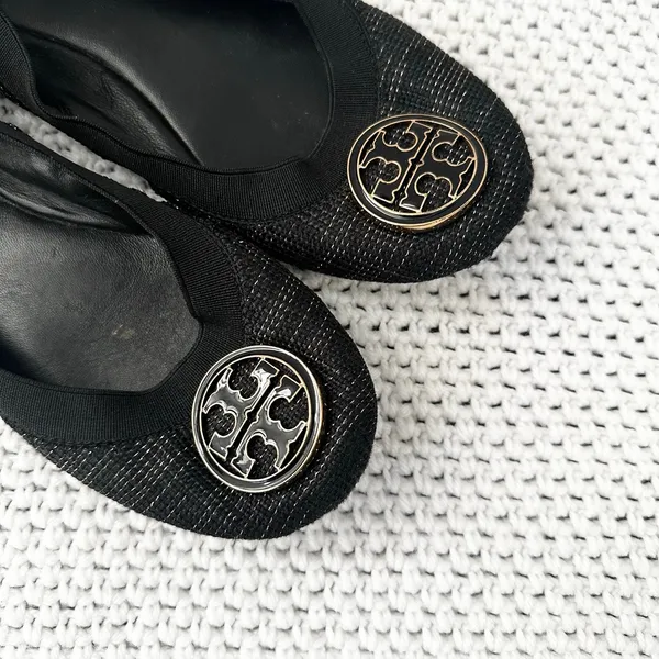 Tory Burch Black Gold Tweed Fabric Caroline Classic Reva Ballet Flats Shoes 6.5 - Image 3