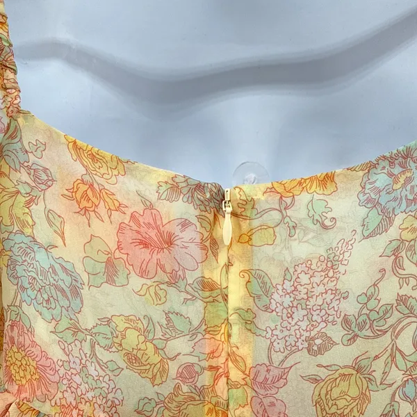Selkie Hans Christian French Puff Dress‎ Yellow Floral Organza Midi Medium EUC - Image 7
