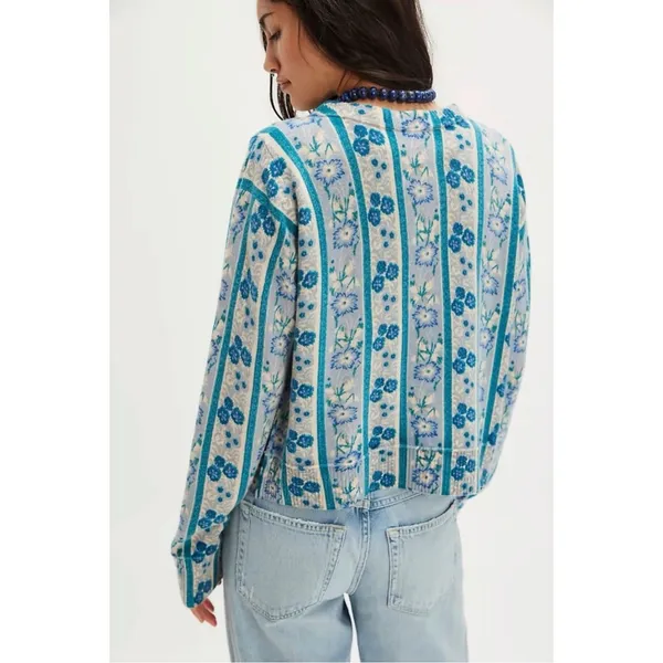 Free People Nocturnal Cashmere Cardi Cardigan Sweater Cottage Blue Floral Large - Image 3