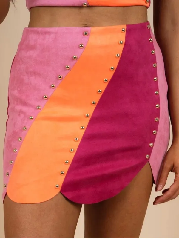 NWOT Blushing Brunette Colorblock Halter Neck Faux Suede Studded Skirt Set Sz XL - Image 3