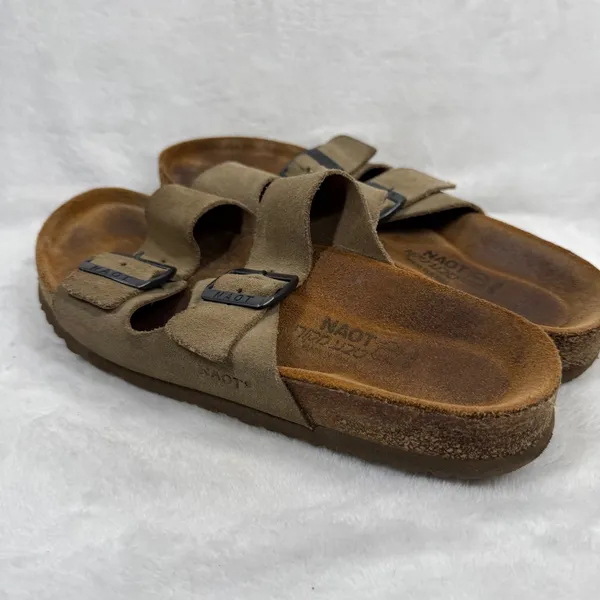 Naot Santa Barbara Suede Slide Sandals Taupe Tan Buckle Cork Footbed EU 39 US‎ 8 - Image 10
