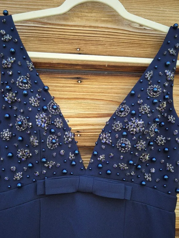 NWOT Mac Duggal 2278 Navy Sleeveless Embellished Crepe Gown With Bow Size 4 - Image 10