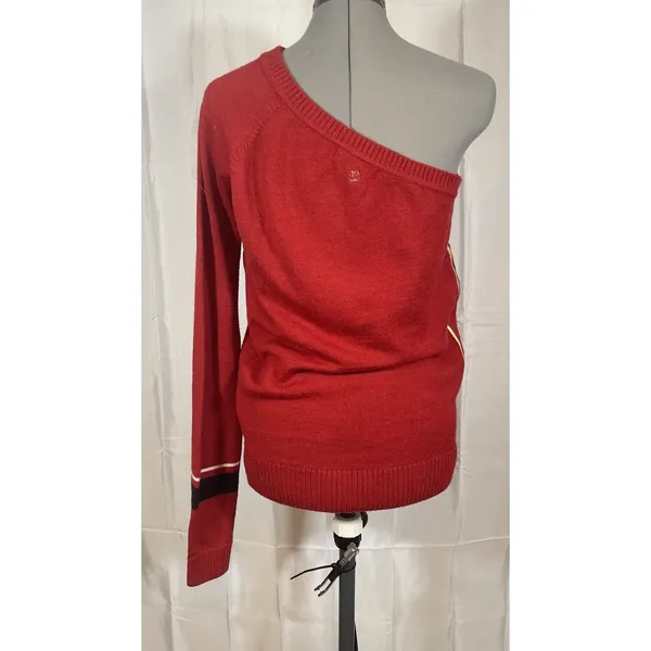 Apple Bottoms Red Sweater One Shoulder Acrylic Wool Blend Large Y2K Logo Stripe - Image 4