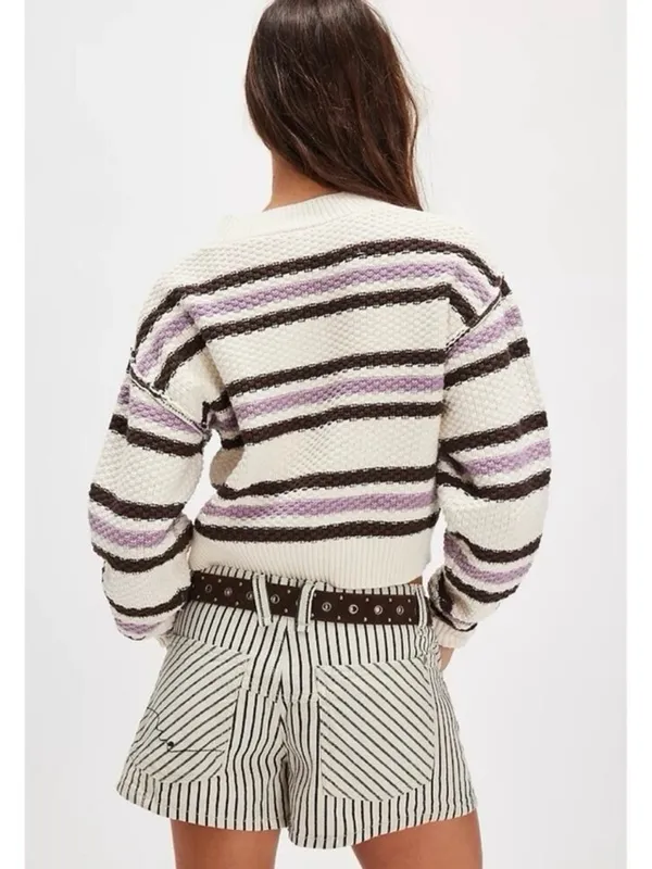 Free People Lila Stripe Cardi Cardigan Sweater in Lavender Ivory Combo Large - Image 3