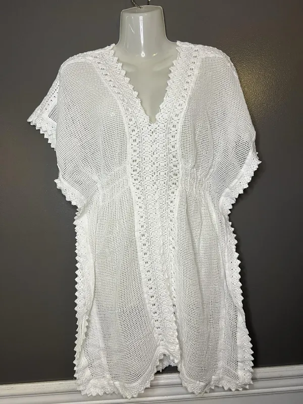 SeaSpice Cover Up Womens Medium White Crochet Mesh Lace Trim Beach Tunic Swim - Image 2