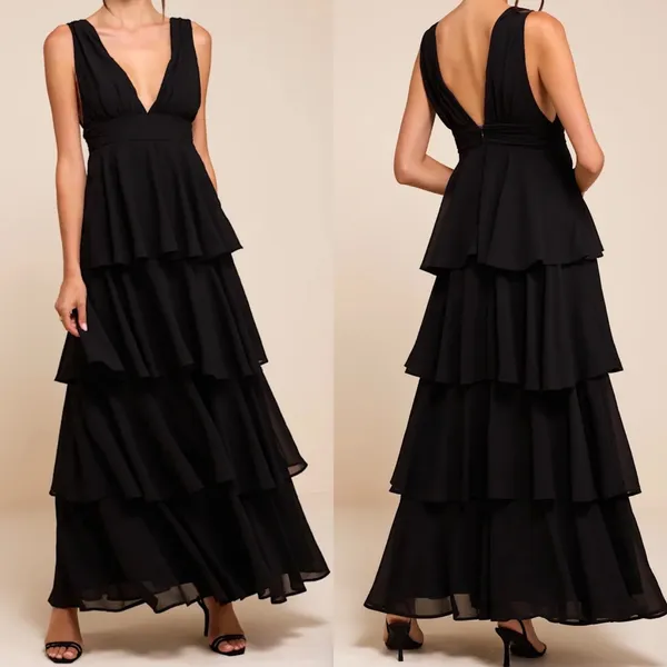 NWT Lulus SZ Large Amazing Evening Black Tiered Maxi Dress Formal Special Event - Image 2