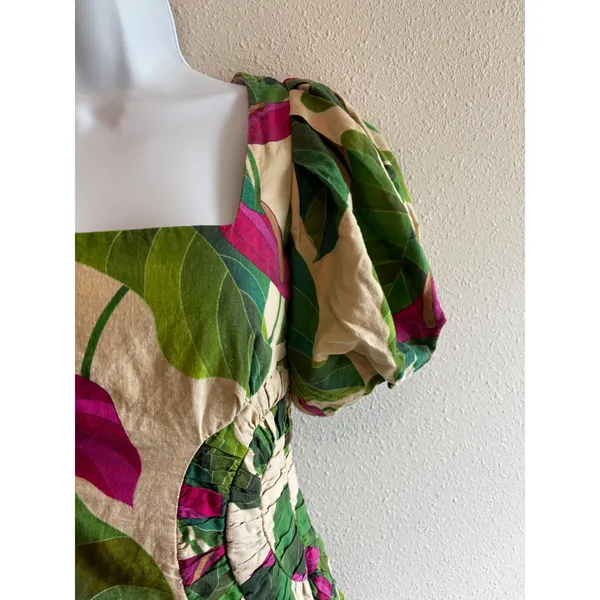 FARM Rio Sand Anthurium Leaves Puff Sleeve Mini Dress XS Summer Boho Ljnen - Image 11