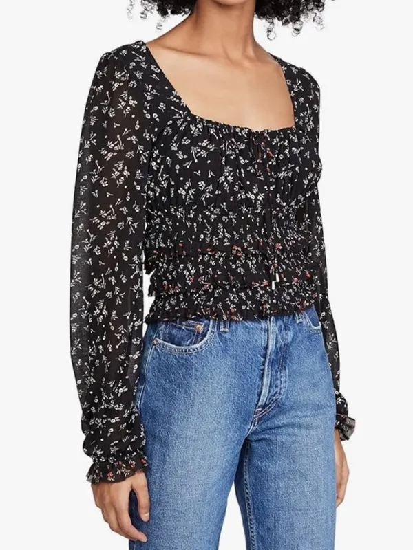 Free People Lolita Long Sleeve Floral Blooms Blouse Black‎ S - Image 2