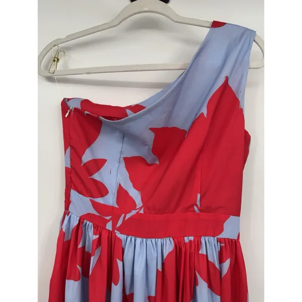 One Shoulder Maxi Dress SM Red Blue Floral Swing Pleated Vacation Resort Summer - Image 4