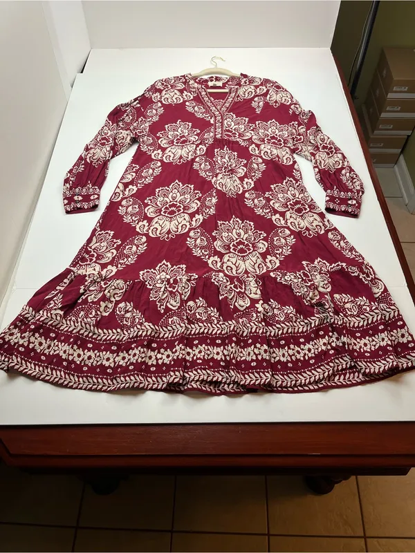 Sézane Boheme Burgundy Red Cream Boho Floral Long Sleeve Midi Maxi Dress‎ Medium - Image 2