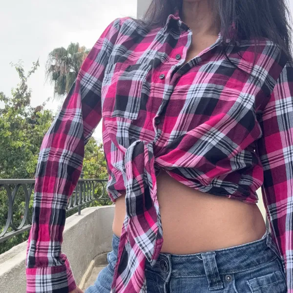 Papaya Pink Plaid Tie-Front Flannel Crop Shirt | Soft Grunge Y2K Vibes | Size S - Image 2