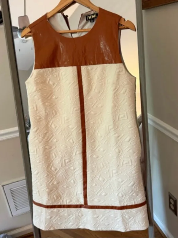 Women's THML White & Brown Sleeveless Dress S MIXED MEDIA TEXTURED MIDI-CREAM - Image 2