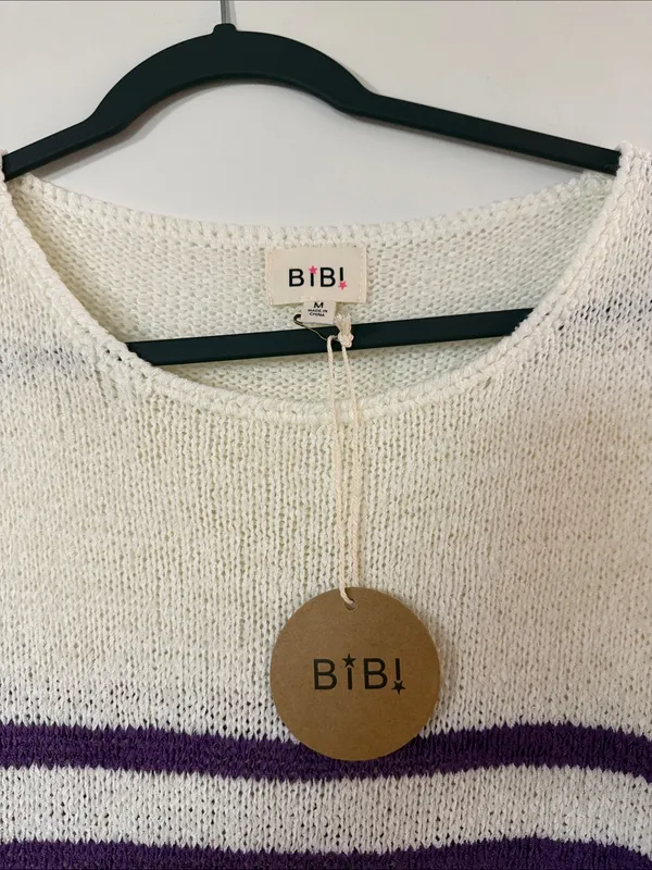 BiBi Cream Crewneck Sweater with Purple, Gold and Green Stripes - Image 2
